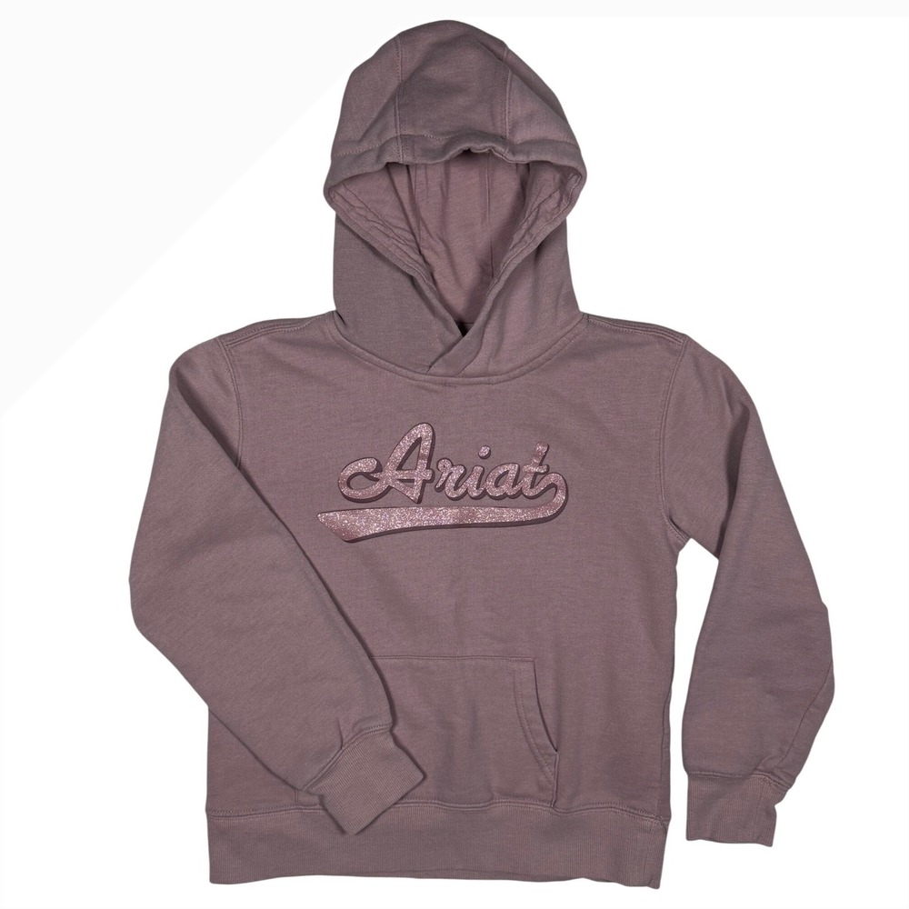 ARIAT REAL Girls Youth Med 10 Pink Mauve Glitter Logo Pullover Hoodie Sweatshirt
